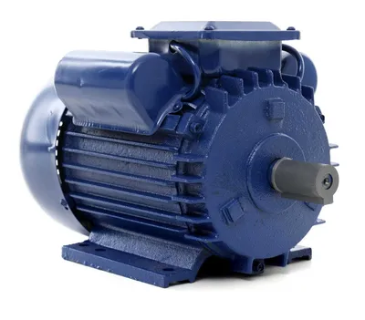 A blue electric motor is shown against a white background.