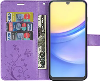 A purple wallet-style phone case with slots for cards and cash, open to reveal a smartphone screen.