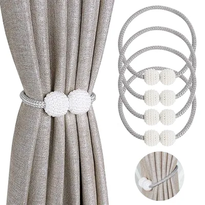 Produktbild von Set mit 4 magnetischen Gardinenhaltern, Gardinenclips, Gardinenkordelschnallen, Gardinenhaltern mit Kordelbefestigung zur Fensterdekoration in Wohnung, Büro und Hotel (grau)