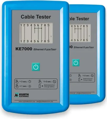 Zdjęcie produktu dla Kurth Electronic KE7000, Tester kabli UTP/STP, RJ-11, RJ-45, Testy ciągłości, Badanie połączeń krzyżowych, Test ekranowania, Krótkie badanie obwodu,..., 150 m, LCD, Niebieski
