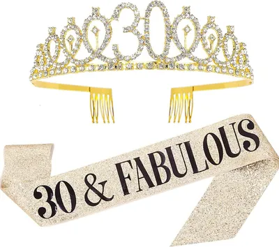 Produktbild von Schärpe zum 30. Geburtstag, goldenes Set mit Schärpe und Krone zum Geburtstag für Mädchen, 30 Jahre alte Dekorationen für Geburtstagsbedarf für Frauen