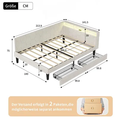 Zdjęcie produktu dla Łóżko tapicerowane z miejscem do przechowywania – 140 x 200 cm – oświetlenie LED i stacja ładująca USB – dwie szuflady – aksamit – beżowe