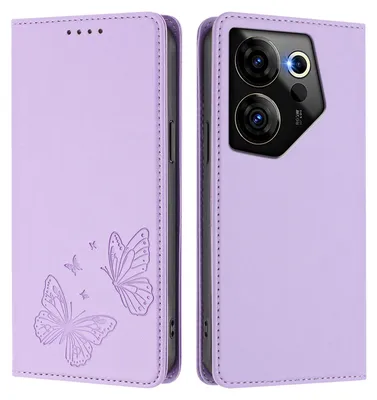 Image de Étui en cuir pour Tecno Camon 20 Premier, motif papillon, étui à rabat avec porte-appareil, violet clair
