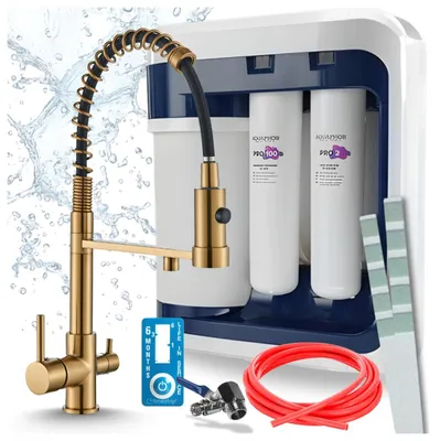Obrázok produktu pre Ari 3-cestný kuchynský batériový systém Solid Spring, mosadz, výsuvná umývadlová batéria, v sade s systémom na filtráciu vody Aquaphor Ro-202S Pro