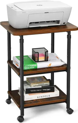 Produktbild von GOPLUS Druckertisch mit Räder, Rollcontainer mit 3 Ablagen, Rollwagen mit Höhenverstellbarem Regal, Multifunktionswagen Drucker Ständer mit Bremsen, für Büro (Braun)