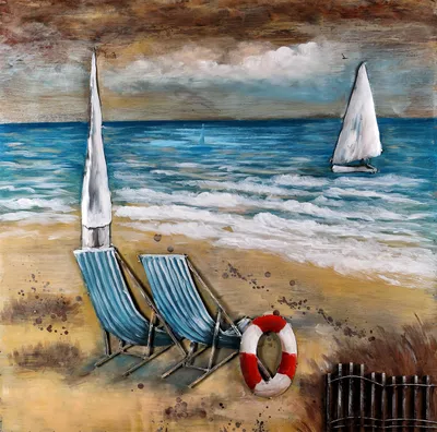 Productafbeelding van Wanddecoratie, 3D metalen kunstwerk, handgemaakt, strandthema, reddingsboei, 100x100 cm