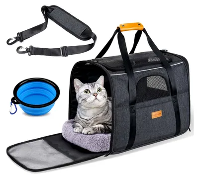 Produktbild von Katzentransportbox für große Katzen und Welpen bis 7 kg, faltbare Hundetasche mit Sicherheitsreißverschlüssen, Transportbox für Katzen und Hunde für den Tierarztbesuch, Auto und Flugzeug