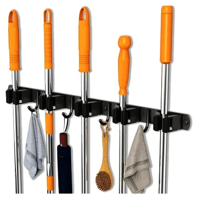 Produktbild von Besenhalterung mit 5 Halterungen und 4 Haken, Wandbesenhalter, ohne Bohren, Wandmontage mit Schrauben, Aufbewahrung für Besen in Waschküche, Badezimmer, Garten, Garage