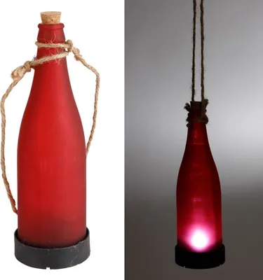 A collage showing a red bottle lamp with a cork and rope detail, both unlit and lit.