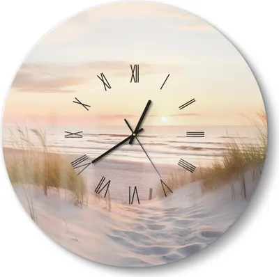 Produktbild von DEQORI Glasuhr Ø50 cm Römisch 'Abendruhe am Strand' Wanduhr Glas Uhr Design leise Küchenuhr