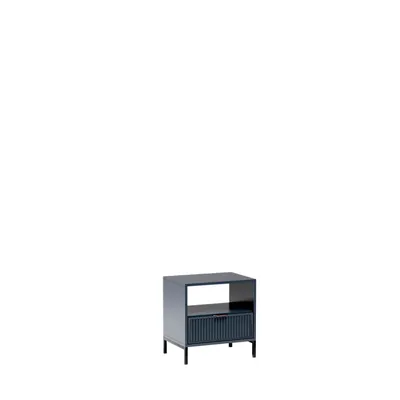 A blue nightstand with a shelf and a drawer with ribbed detailing, shown on a white background.