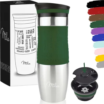 Produktbild von Milu Thermobecher Kaffee, 450ml Isolierbecher Kaffeebecher - 100% Auslaufsicher - Trinkbecher Edelstahl - Autobecher doppelwand Isolierung, Oliv