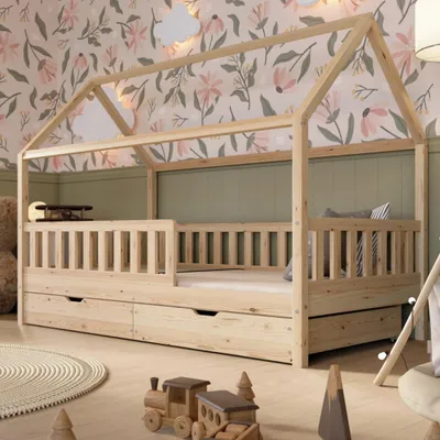 Produktbild von Crazy Pine Hausbett mit Schubladen 200x120 cm – Kinderbett aus Naturholz – Montessori Bodenbett mit zusätzlichen Stauraum - Crazy Blanco