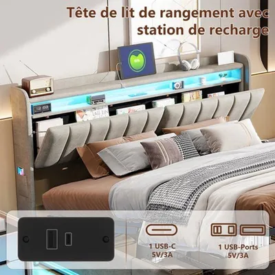 Image de Lit double 140x200 cm - Structure de lit en velours avec revêtement, éclairage LED et port USB