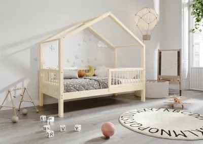 Produktbild von TIMBEE MURLO Hausbett Kinderbett 100x200 cm mit Rausfallschutz Lattenrost Naturholz Kiefer Holzbett Beinhöhe 23 cm