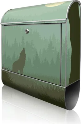 Produktbild von banjado Design Briefkasten Stahl silber mit Zeitungsfach pulverbeschichtet "Heulender Wolf" 38x46x12,5cm & 2 Schlüssel - Postkasten A4 Einwurf inkl. Montagematerial [BK 11022]