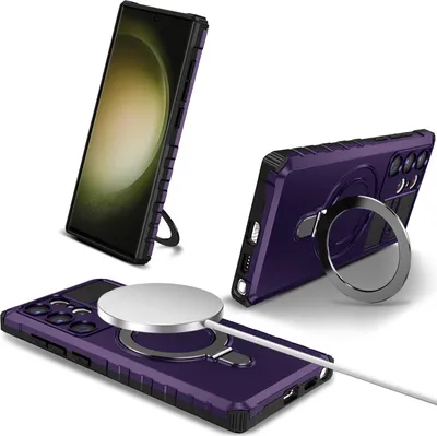 Obrázek produktu pro Pouzdro pro Samsung Galaxy S23 Ultra magnetické s MagSafe, držák prstenu, stojánek, dvouvrstvé ochranné pouzdro Fialová