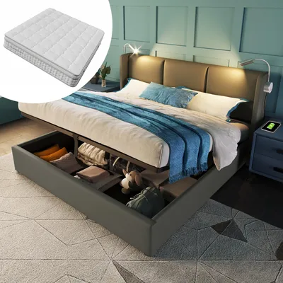 Produktbild von Polsterbett Doppelbett 160x200 Stauraum Bettkasten Leselicht Ladefunktion Kopfteil Bettgestell PolyurethanJugendbett Lattenrost Grau mit Matratze