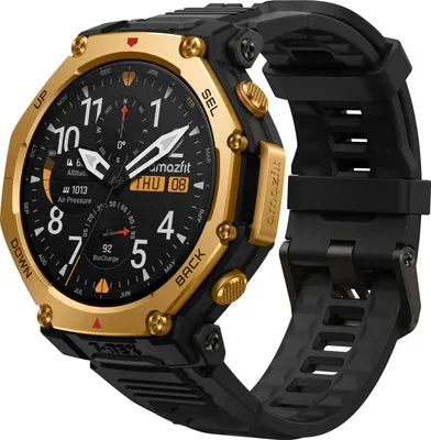A close-up, angled view of a black and gold smartwatch against a white background.