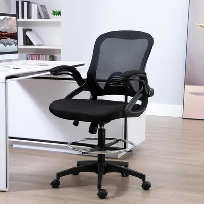 Produktbild von SUGIFT Bürostuhl Stehfunktion Netzrücken ergonomisch, Schreibtischstuhl klappbare Armlehnen, Drehstuhl Polyester Schwarz | 64x60x106–126 cm | 360° | 13 kg