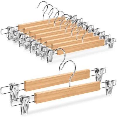 10er-Set Hosenbügel aus Naturholz, 33 cm, verstellbare Clips, 360° Haken