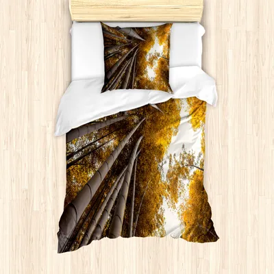 Produktbild von ABAKUHAUS Bambus Mantele, Herbst Landschaft Bambus, Milbensicher Allergiker geeignet mit Kissenbezügen, 135 cm x 200 cm - 80 x 80 cm, Gelb Braun