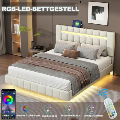 Produktbild von Polsterbett - Doppelbett 160 x 200 cm - Schwebebett-Rahmen mit LED - Gepolstertes Kopfteil - Samtbezug - Holzgestell - Beige-A