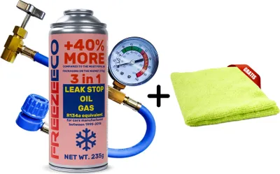 Produktbild von FreezeEco 3-in-1-Kit Ersatz-Kältemittel R134a für Klimaanlagen mit Öl und Dichtmittel + Schlauch + Mikrofaser