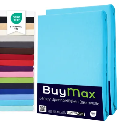 Produktbild von Buymax Spannbettlaken 90x200cm Doppelpack 100% Baumwolle Spannbetttuch Bettlaken Jersey, Matratzenhöhe bis 25 cm, Farbe Türkis