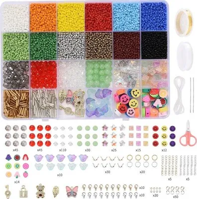 Immagine prodotto di Set di perline con 35.000 perline di vetro, 2 mm, perline di vetro colorate per creare braccialetti, gioielli e collane fai da te, set, perline di vetro con perline di cristallo