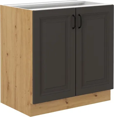 A kitchen base cabinet with two doors and a wood-effect finish on the sides and base.