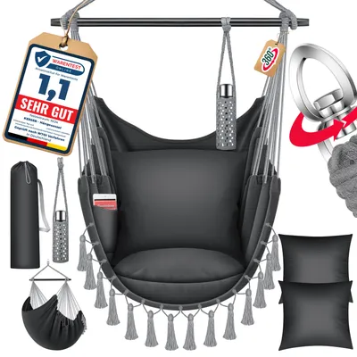 Produktbild von KESSER® Hängesessel mit 2 Kissen Getränkehalter & Bücherfach - Safari XXL Hängestuhl für Erwachsene & Kinder Hängematte bis 150 kg Hängesitz Aufhängung Indoor & Outdoor Wohn & Garten Terrasse