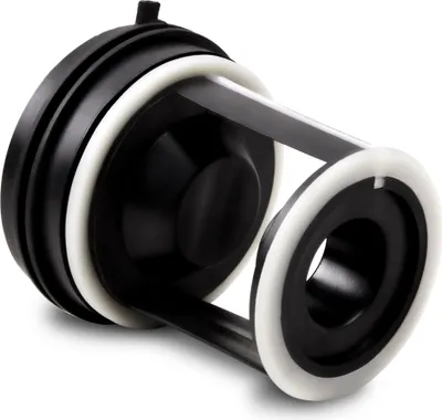 A close-up studio shot of a washing machine drain pump filter.
