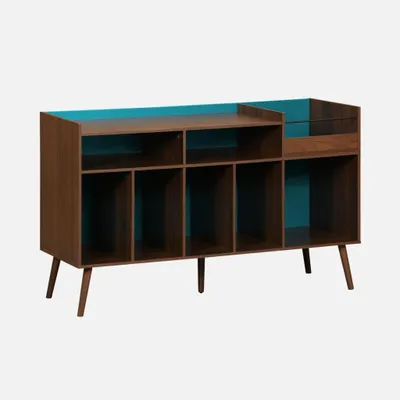 Produktbild von sweeek - Zweifarbiger Vintage XL Schallplattenschrank mit Holzdekor und farbigem Hintergrund 130cm - Blau