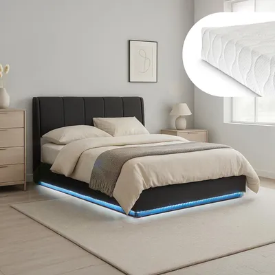 Produktbild von LED Polsterbett 'Tröstiar' mit Bettkasten und Matratze Leinen 140 x 200 cm Schwarz