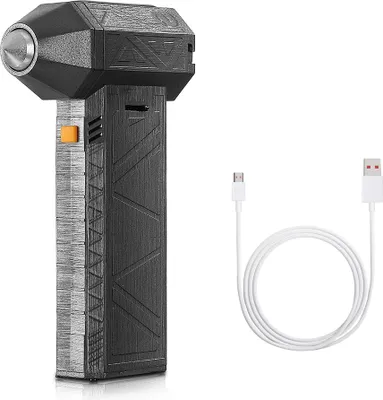 A black and gray handheld device with an orange button and a white USB cable on a white background.