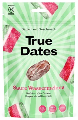 Productafbeelding van True Dates: Medjoul dadels, zure watermeloen, zoete en zachte dadels, 100g