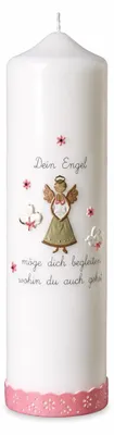 Produktbild von Taufkerze Mädchen 20 x 6 cm mit dem Text "Dein Engel möge dich begleiten" mit Name & Datum, KI-generiertes Bild