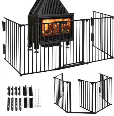 Image de YARDIN Grille de protection de cheminée avec porte de sécurité Grille de protection de poêle en métal longueur totale 300 cm, Grille de cheminée protection enfants pliable, Grille de protection d'escaliers Grille de configuration incl. 5 éléments