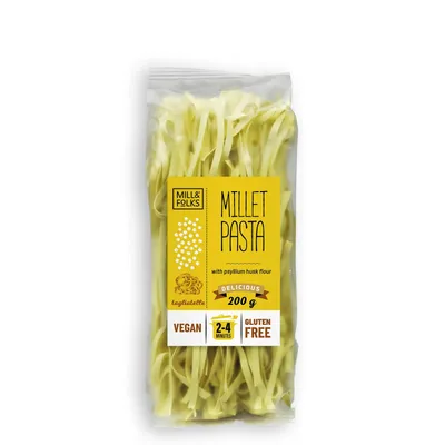 Produktbild von Mill & Folks Hirse Tagliatelle mit Kurkuma 200g / glutenfrei / vegan / ohne Zuckerzusatz