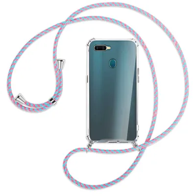 Produktbild von Handykette Backcover-Schutzhülle mit Band (Metall silberfarben) für Oppo A7 / AX7 - pink/mint