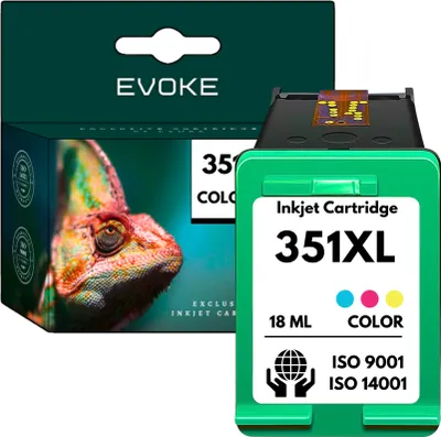 A product shot of an inkjet cartridge and its packaging.