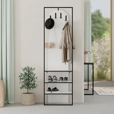 Immagine prodotto di Mobile ingresso bianco Archy con appendiabiti e scarpiera 53x31.7x180H – Stile industriale e organizzazione