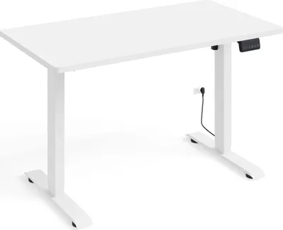A white adjustable standing desk on a white background.
