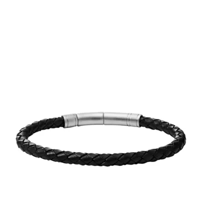 A black braided leather bracelet with a silver clasp is shown against a white background.