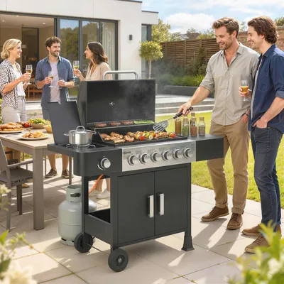 Produktbild von Gasgrill 17,8 kW 6+1 Brenner, Standgrill Edelstahl BBQ Grillwagen mit Seitenbrenner, Emaille-Rost, Schwarz | 135 x 51 x 101 cm | 25 kg