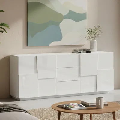 Produktbild von Kommode Ddamsgaar, Wohnzimmer-Buffet, Wohnzimmer-Kommode mit 4 Türen und 3 Schubladen, 220x44x86 cm, glänzend weiß