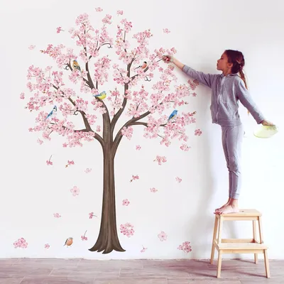 Produktbild von Rosa Blütenbaum Wandsticker für Kinderzimmer und Wohnzimmer - Dekorative Wandtattoos mit Vögeln