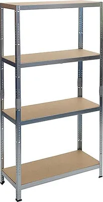A four-shelf metal storage rack with MDF shelves against a white background.