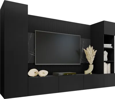 Produktbild von MIRJAN24 Wohnwand Deromi IV, Wohnzimmer Möbel Set, Griffloses Öffnungssystem push to open, 4er-Set (Farbe: Schwarz / Schwarz + Schwarz Marmor)